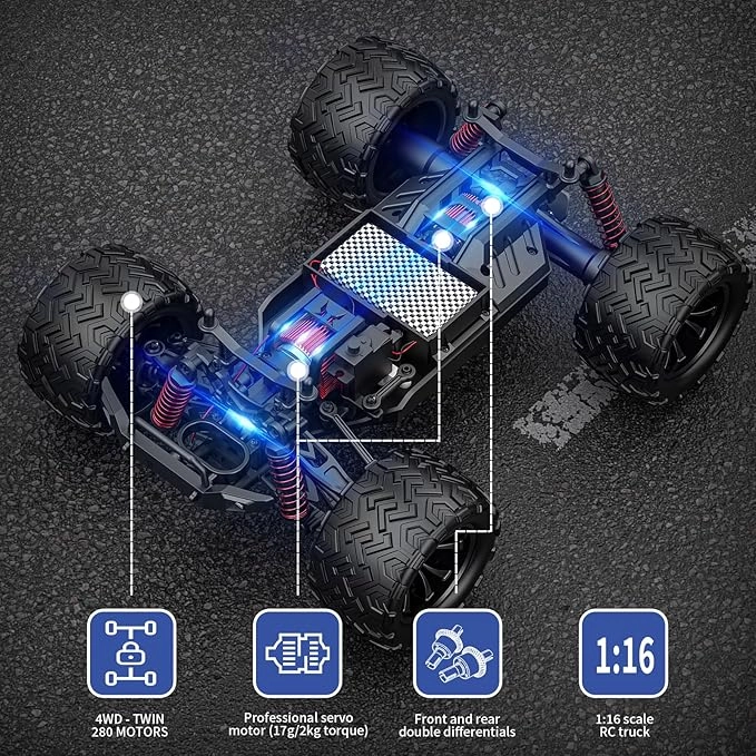 Remote Control Car 1:16, High Speed 40 km/h, 2.4 GHz, 4 WD, Radio-Controlled Monster Truck, Toy for Teenagers Aged 12 and over, 55 Minutes Playtime, Range 50 m, Radio-controlled car. (red)