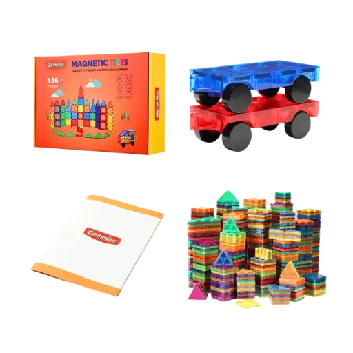 Gemmicc Deluxe Magnetic Tiles – 136 PCS + 2 Cars